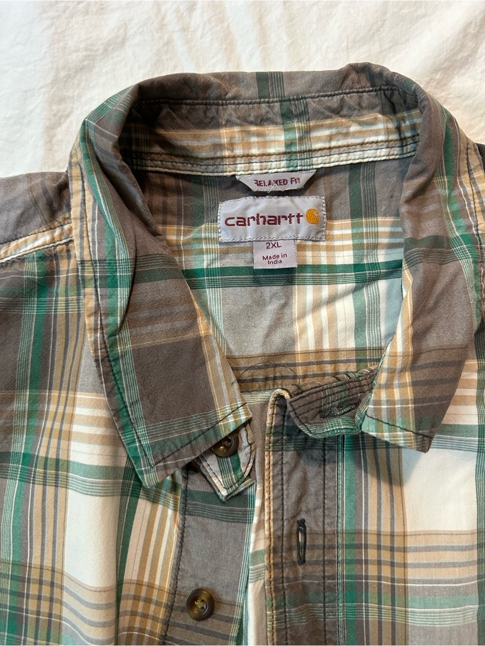 Carhartt Plaid Button-Down Shirt — Green, Brown & Cream